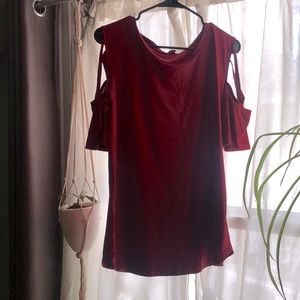 Medium, red exposed shoulder top.